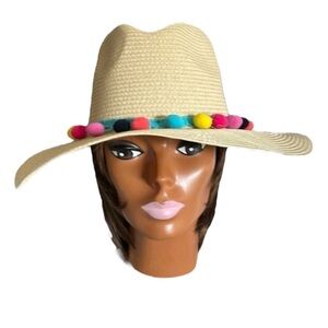 Magid Hats Women’s Paper Straw Sun Hat Beige with Colorful Rainbow Pom Poms